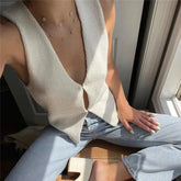 Vintage Y2k Sweater Knitwear Vest Fitted Sleeveless Open Tie-Up V Neck Solid Color Tank Tops Cardigan Tide